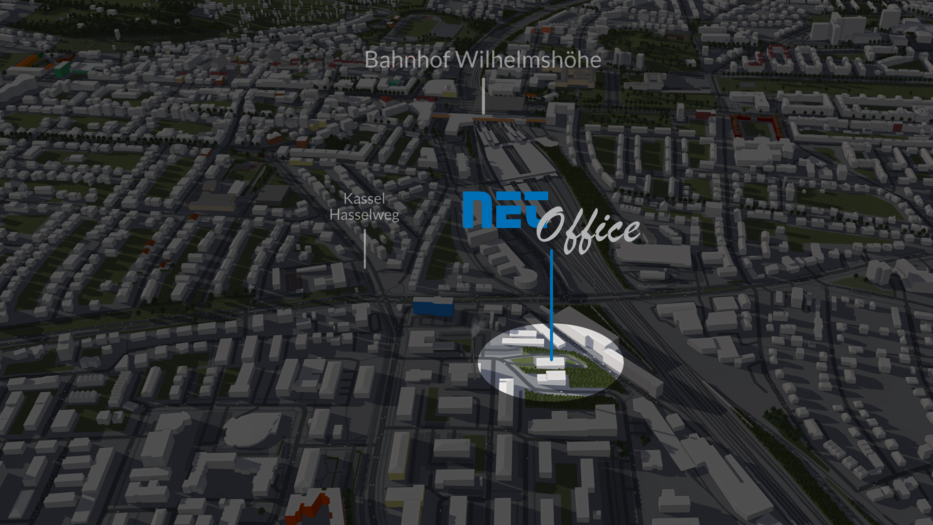 3D-Stadtkarte von Kassel mit dem markierten Standort der NET.Office GmbH, Bahnhof Wilhelmshöhe und dem Hasselweg als Orientierungspunkten